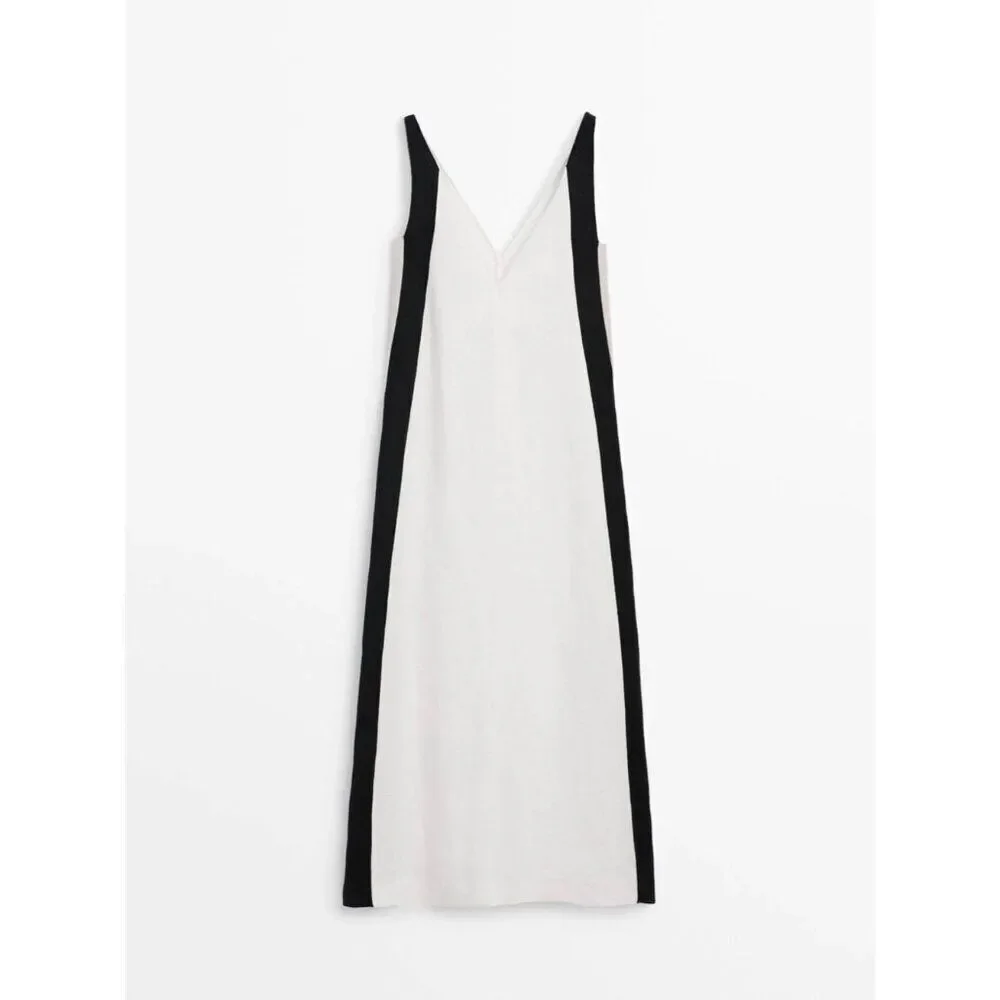 Massimo Dutti Womens Midi Dress XS White Black Linen Sleeveless 6698/231 NWT - Picture 3 of 11
